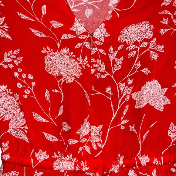 Red Floral Print V-Neck Romper With Drawstring Waist - Picture 3 of 8